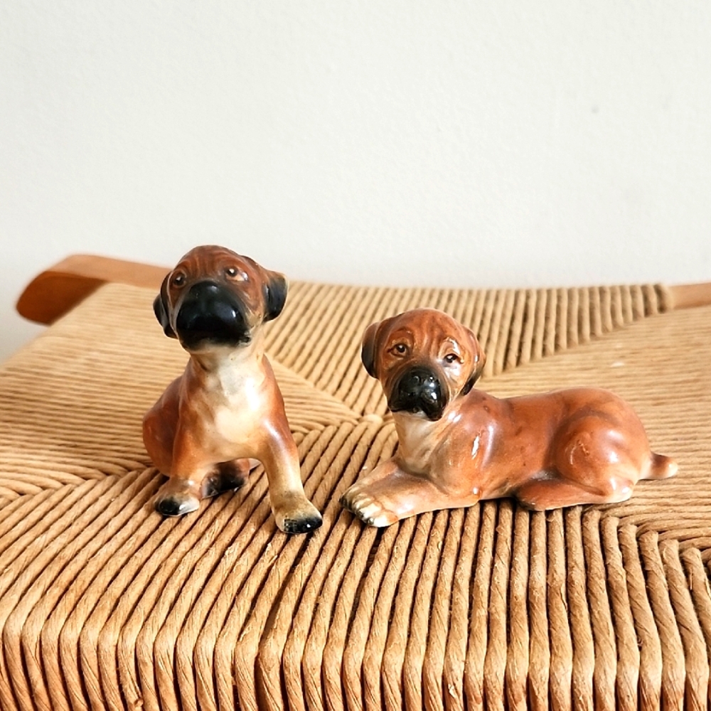 Ceramic Boxer Dog Figurines Brown Black Sit Lay Shelf Sitters Vintage 1953